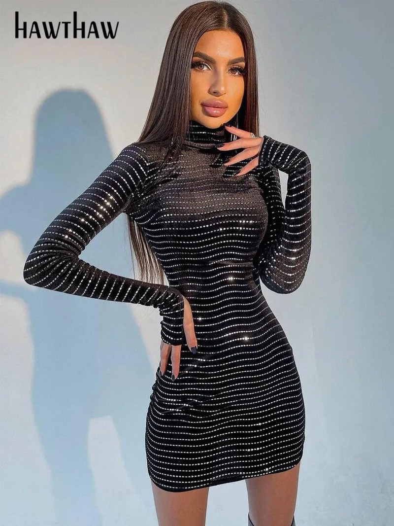 Hawthaw Ženska modna jesen-zima dugih rukava ukošena Party Club crna mini haljina sa šljokicama 2021. Veleprodajni artikli za posao