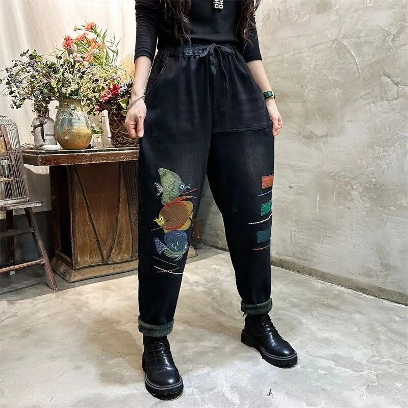 Vrećaste traperice s baršunastim vezom Harem hlače Ženske velike veličine Plišane Vaqueros hlače Zimske mamine debele traperice Broek do gležnja