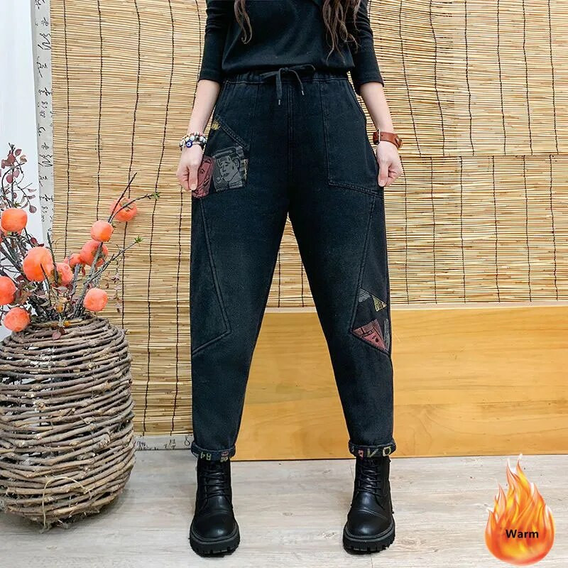 Vrećaste traperice s baršunastim vezom Harem hlače Ženske velike veličine Plišane Vaqueros hlače Zimske mamine debele traperice Broek do gležnja