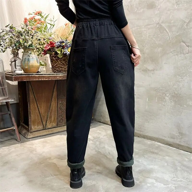 Vrećaste traperice s baršunastim vezom Harem hlače Ženske velike veličine Plišane Vaqueros hlače Zimske mamine debele traperice Broek do gležnja