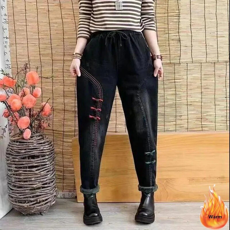 Vrećaste traperice s baršunastim vezom Harem hlače Ženske velike veličine Plišane Vaqueros hlače Zimske mamine debele traperice Broek do gležnja