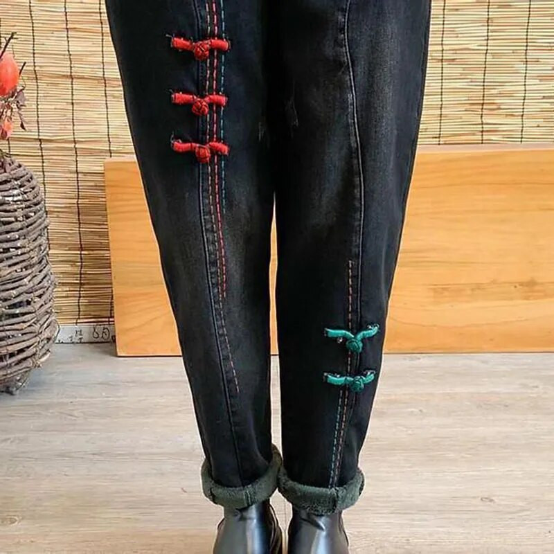 Vrećaste traperice s baršunastim vezom Harem hlače Ženske velike veličine Plišane Vaqueros hlače Zimske mamine debele traperice Broek do gležnja