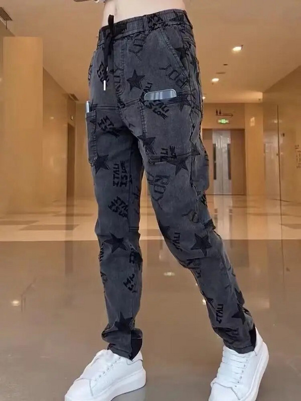 Jacquard teksad Naiste elastsed vabaaja püksid Haaremi püksid mitme taskuga pahkluudega seotud värvitud teksad kottis teksad