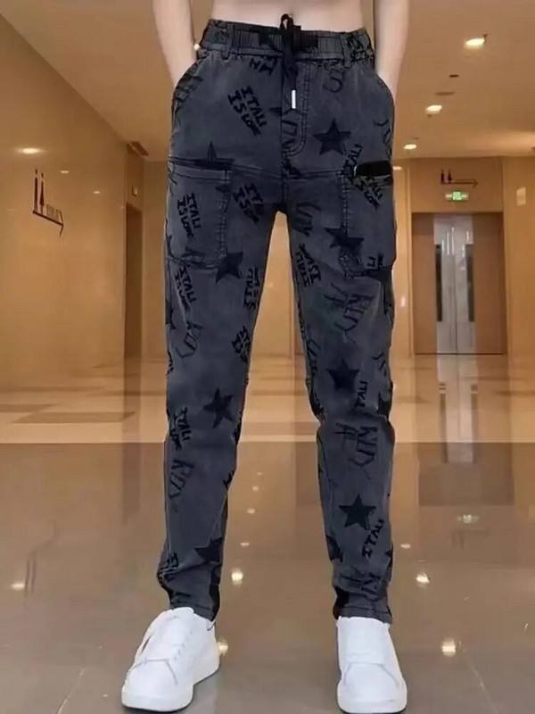 Jacquard teksad Naiste elastsed vabaaja püksid Haaremi püksid mitme taskuga pahkluudega seotud värvitud teksad kottis teksad