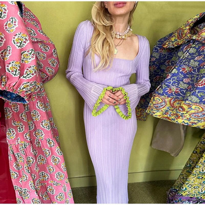 Gradijentna plisirana haljina dugih rukava Ženske elastične maksi haljine s O izrezom Ljetna elegantna ženska odjeća za plažu Vestido