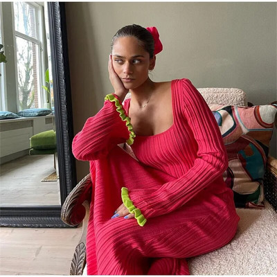 Gradijentna plisirana haljina dugih rukava Ženske elastične maksi haljine s O izrezom Ljetna elegantna ženska odjeća za plažu Vestido