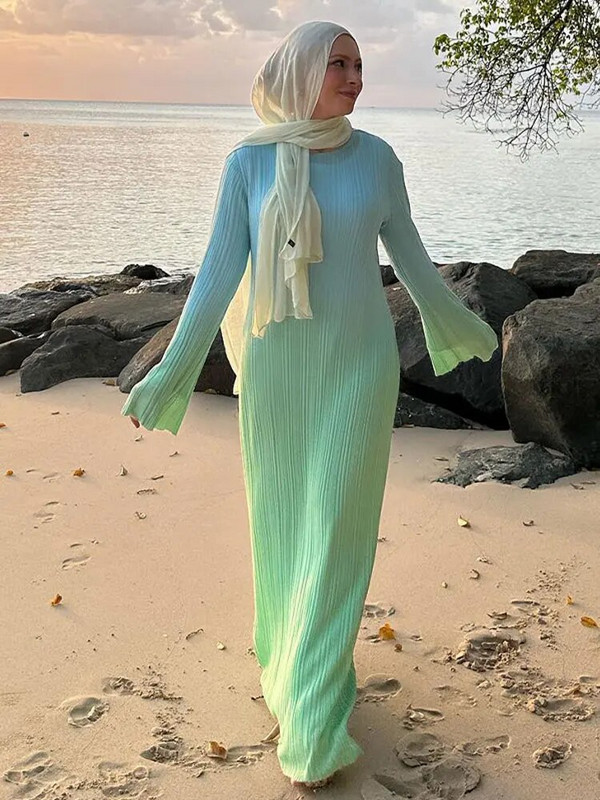 Gradijentna plisirana haljina dugih rukava Ženske elastične maksi haljine s O izrezom Ljetna elegantna ženska odjeća za plažu Vestido