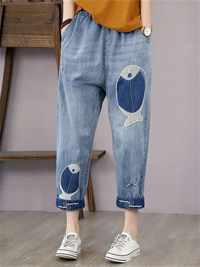 2023. aasta teksapüksid Mom teksad Naised kottised teksad naistele, nööriga tikandid elastsed kõrge vöökohaga teksad Vintage naiste püksid