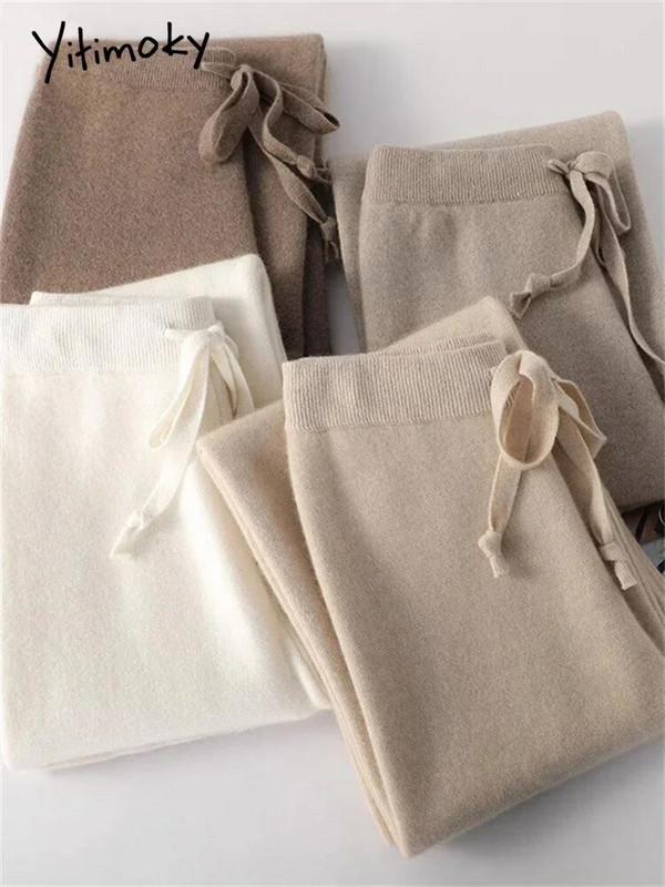 Yitimoky sieviešu bikses ar augstu vidukli, 2023. gada rudens ziemas brīvas, taisnas, melnas bikses. Vintage ikdienas trikotāžas bikses