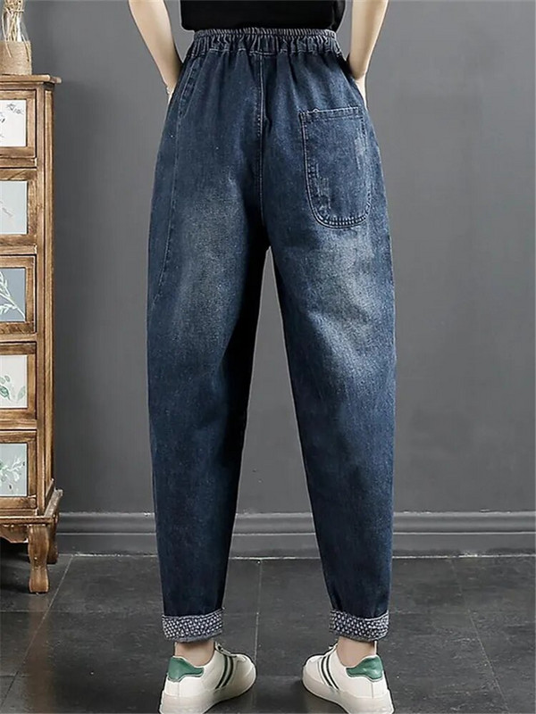 Retro multifilm Tüdruk Kleebi riie Tikand Teksad Naiste Sügis Talvine Mood Elastne Vöökoht Lahti pahkluu pikkusega haaremi teksapüksid