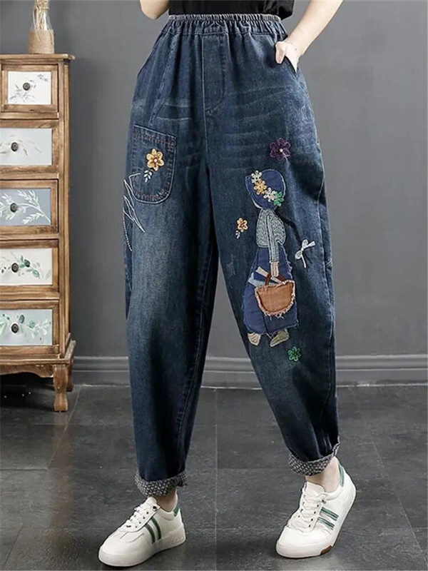 Retro multifilm Tüdruk Kleebi riie Tikand Teksad Naiste Sügis Talvine Mood Elastne Vöökoht Lahti pahkluu pikkusega haaremi teksapüksid