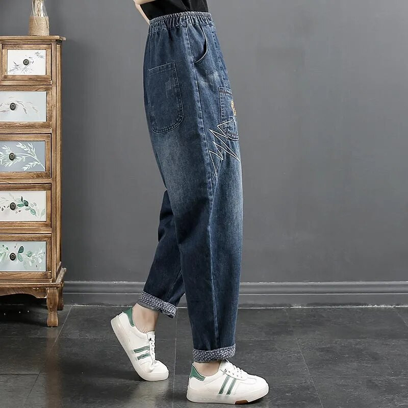 Retro multifilm Tüdruk Kleebi riie Tikand Teksad Naiste Sügis Talvine Mood Elastne Vöökoht Lahti pahkluu pikkusega haaremi teksapüksid