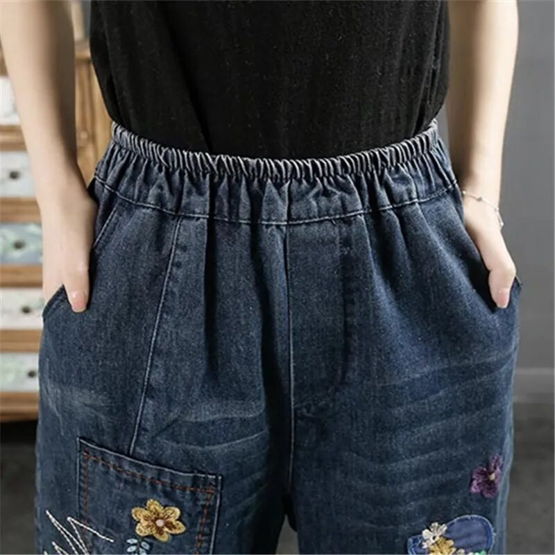 Retro multifilm Tüdruk Kleebi riie Tikand Teksad Naiste Sügis Talvine Mood Elastne Vöökoht Lahti pahkluu pikkusega haaremi teksapüksid