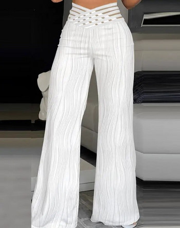 Елегантни клоширани панталони с висока талия за жени Дамски летни работни панталони с припокриваща се текстурирана кръстосана кръстосана прозрачна мрежа