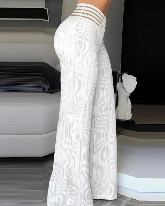 Elegantsed kõrge vöökohaga laienevad naiste püksid, mis kattuvad vöökohaga, tekstuuriga risti läbipaistva võrkkujundusega naiste suvetööpüksid