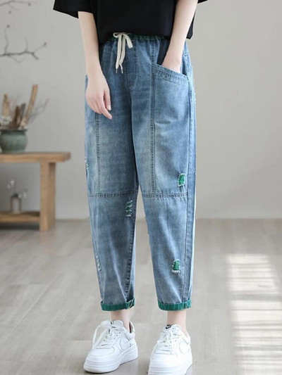 Blugi pentru femei Versiune coreeană cu găuri cu talie elastică Pantaloni haren casual Pantaloni până la gleznă pentru femei Blugi largi rupti cu talie înaltă