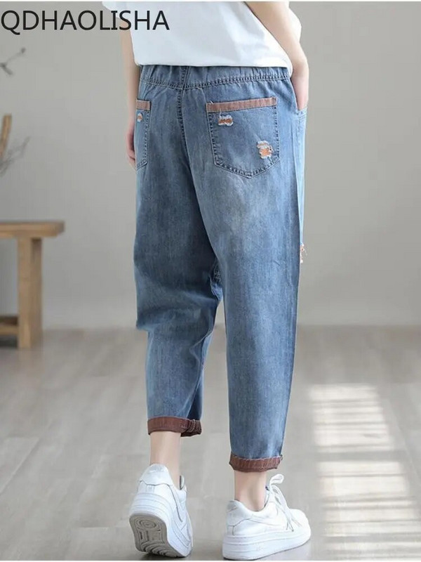 Blugi pentru femei Versiune coreeană cu găuri cu talie elastică Pantaloni haren casual Pantaloni până la gleznă pentru femei Blugi largi rupti cu talie înaltă
