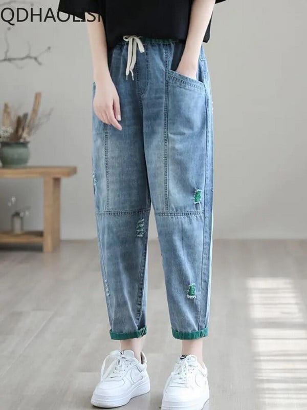 Blugi pentru femei Versiune coreeană cu găuri cu talie elastică Pantaloni haren casual Pantaloni până la gleznă pentru femei Blugi largi rupti cu talie înaltă