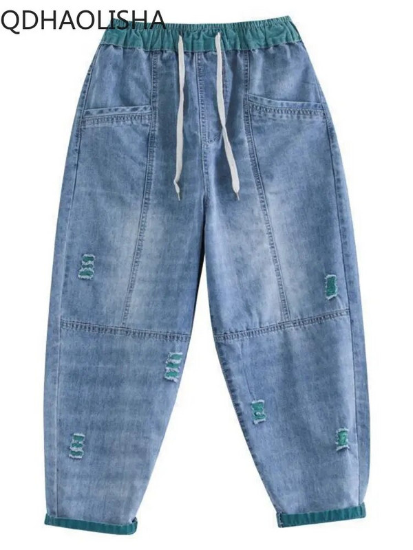 Blugi pentru femei Versiune coreeană cu găuri cu talie elastică Pantaloni haren casual Pantaloni până la gleznă pentru femei Blugi largi rupti cu talie înaltă