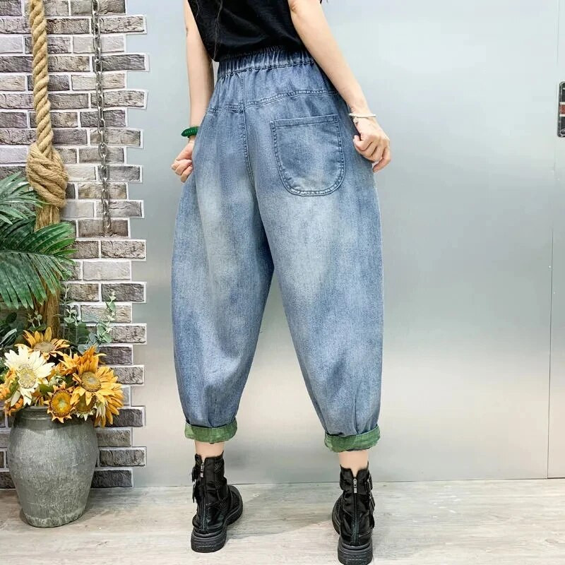 Sieviešu džinsi ar augstu vidukli, 2023. gada pavasara rudens vintage, brīvas sieviešu bikses, deviņu punktu Harlan bikses ar kabatām Sieviešu džinsa ikdienas bikses