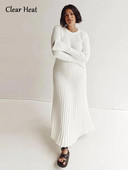 Rievu trikotāžas apaļa kakla kleita ar garām piedurknēm Sieviešu mežģīnes Plānas, masīvas garas halāti 2023. gada rudens ziemas biroja ielas apģērbs Vestidos