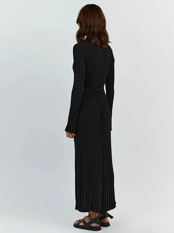 Rievu trikotāžas apaļa kakla kleita ar garām piedurknēm Sieviešu mežģīnes Plānas, masīvas garas halāti 2023. gada rudens ziemas biroja ielas apģērbs Vestidos