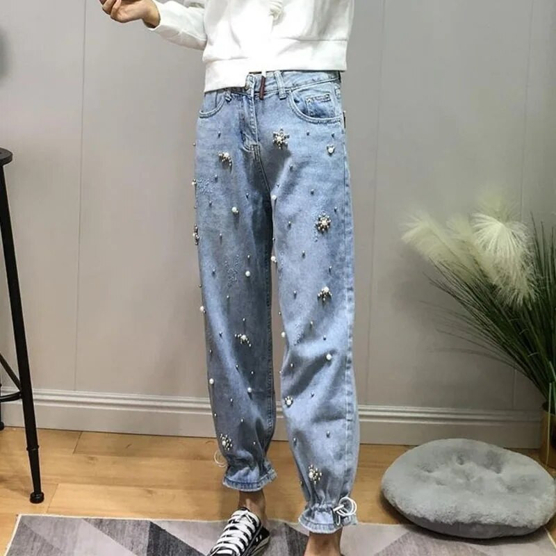 Moodsad vabaaja teemantidega teksapüksid naisterõivad suvised korea temperamendiga kõrge vöökohaga kärbitud teksapüksid naistele