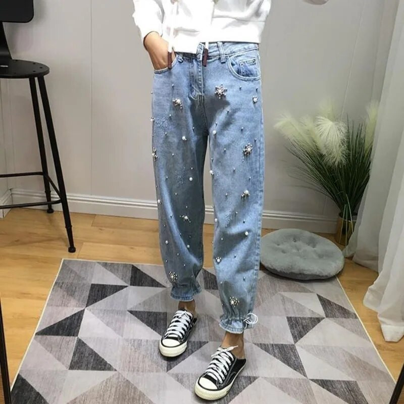 Moodsad vabaaja teemantidega teksapüksid naisterõivad suvised korea temperamendiga kõrge vöökohaga kärbitud teksapüksid naistele