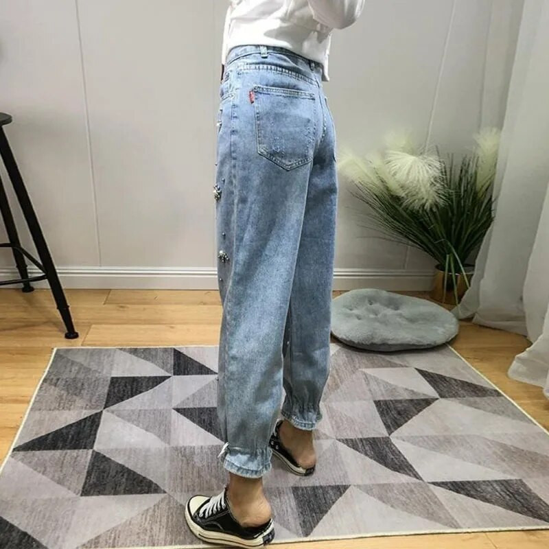 Moodsad vabaaja teemantidega teksapüksid naisterõivad suvised korea temperamendiga kõrge vöökohaga kärbitud teksapüksid naistele