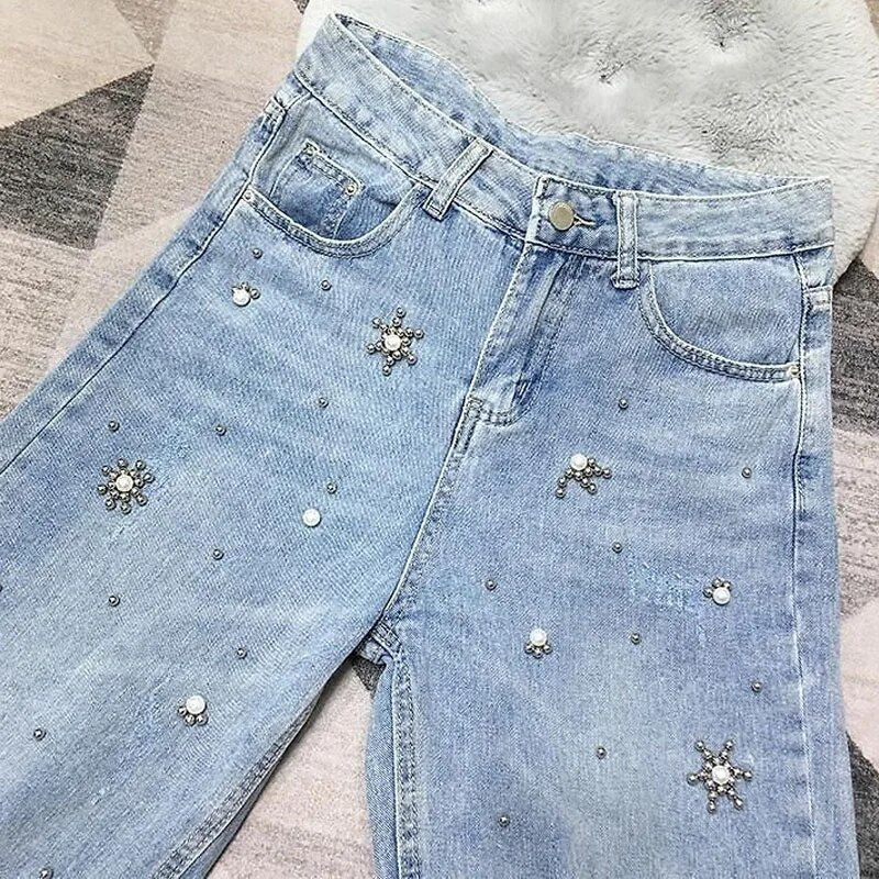 Moodsad vabaaja teemantidega teksapüksid naisterõivad suvised korea temperamendiga kõrge vöökohaga kärbitud teksapüksid naistele