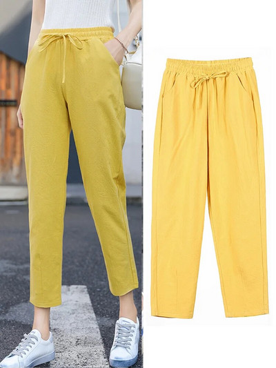 Naiste kevadsuvised püksid puuvillane lina täis elastne vöökoht Candy värvid haaremi püksid pehmed kõrge kvaliteediga naiste daamid S-XXL