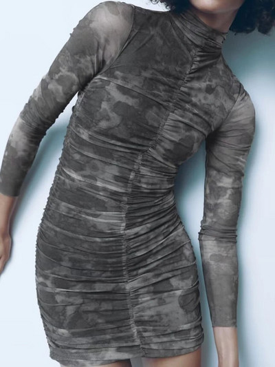 Võrgustrükiga Seksikas minikleit kaelusega, pikkade varrukatega, õhuke, läbipaistev tänavarõivad, retrokleidid naistele Ööklubi peoõhtu Vestidos