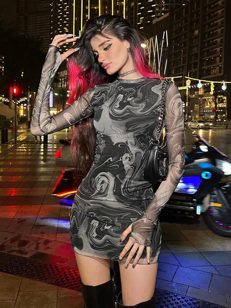 Võrgustrükiga Seksikas minikleit kaelusega, pikkade varrukatega, õhuke, läbipaistev tänavarõivad, retrokleidid naistele Ööklubi peoõhtu Vestidos