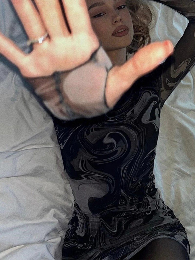 Võrgustrükiga Seksikas minikleit kaelusega, pikkade varrukatega, õhuke, läbipaistev tänavarõivad, retrokleidid naistele Ööklubi peoõhtu Vestidos