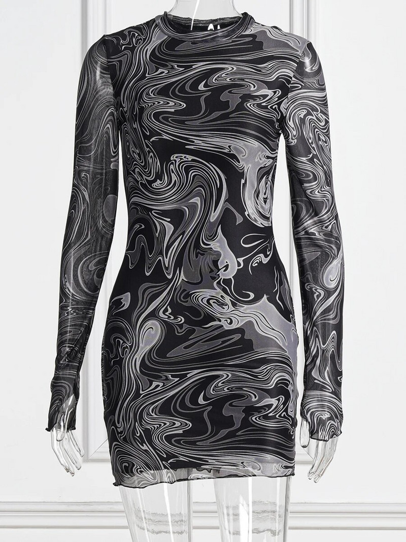 Võrgustrükiga Seksikas minikleit kaelusega, pikkade varrukatega, õhuke, läbipaistev tänavarõivad, retrokleidid naistele Ööklubi peoõhtu Vestidos