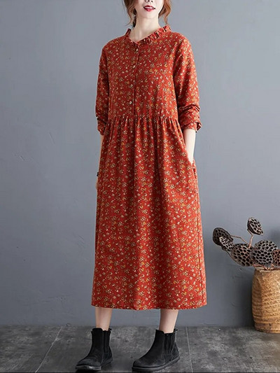 ilgomis rankovėmis medvilninis lininis raukinys vintažinis gėlėtas naujas suknelės moterims laisvalaikio laisva pavasario rudens suknelė elegantiška 2023 m.