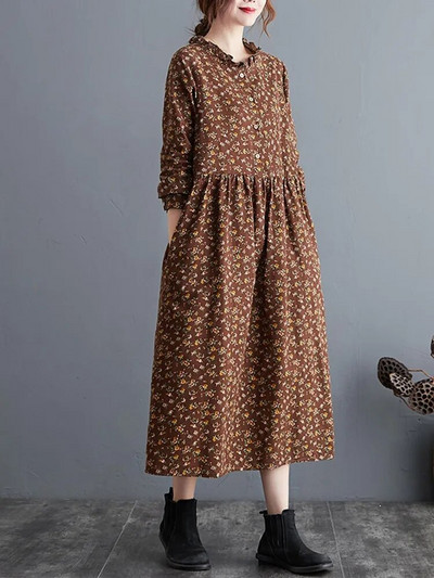 ilgomis rankovėmis medvilninis lininis raukinys vintažinis gėlėtas naujas suknelės moterims laisvalaikio laisva pavasario rudens suknelė elegantiška 2023 m.