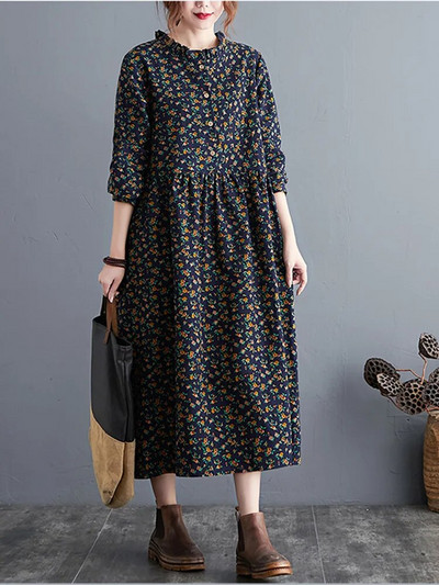 ilgomis rankovėmis medvilninis lininis raukinys vintažinis gėlėtas naujas suknelės moterims laisvalaikio laisva pavasario rudens suknelė elegantiška 2023 m.