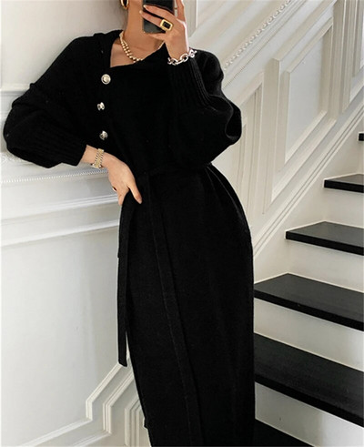 Ziemas bruņurupuča pogas sieviešu trikotāžas kleita Eleganta ar pilnām piedurknēm mežģīņu sieviešu kleita, bieza gara kleita džemperim 2022. gada rudenī Jaunums