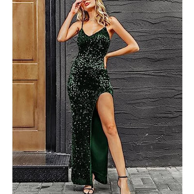 Sügava V-kaelusega litriga merineitsi maksikleit, seljata, veniv, poolitatud esiosa, ilma varrukateta, lahtine seljaosa, öine peokleit, läikiv roheline