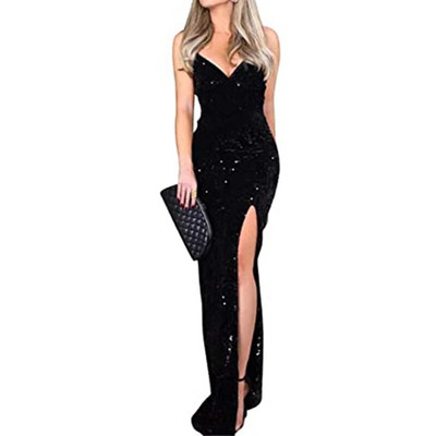 Sügava V-kaelusega litriga merineitsi maksikleit, seljata, veniv, poolitatud esiosa, ilma varrukateta, lahtine seljaosa, öine peokleit, läikiv roheline