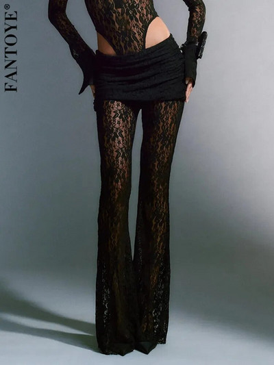 Fantoye Print Floral See Through Lace Дамски панталони Черни издълбани панталони с висока талия Дамски есенни нови ежедневни улични дрехи