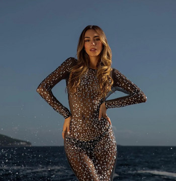 Glitter Γυναικείο φόρεμα με κάλυμμα Maxi Mesh See-Through Μόδα μακρυμάνικο λεπτό σέξι κομψό γυναικείο φόρεμα Bodycon Night Clubwear Out