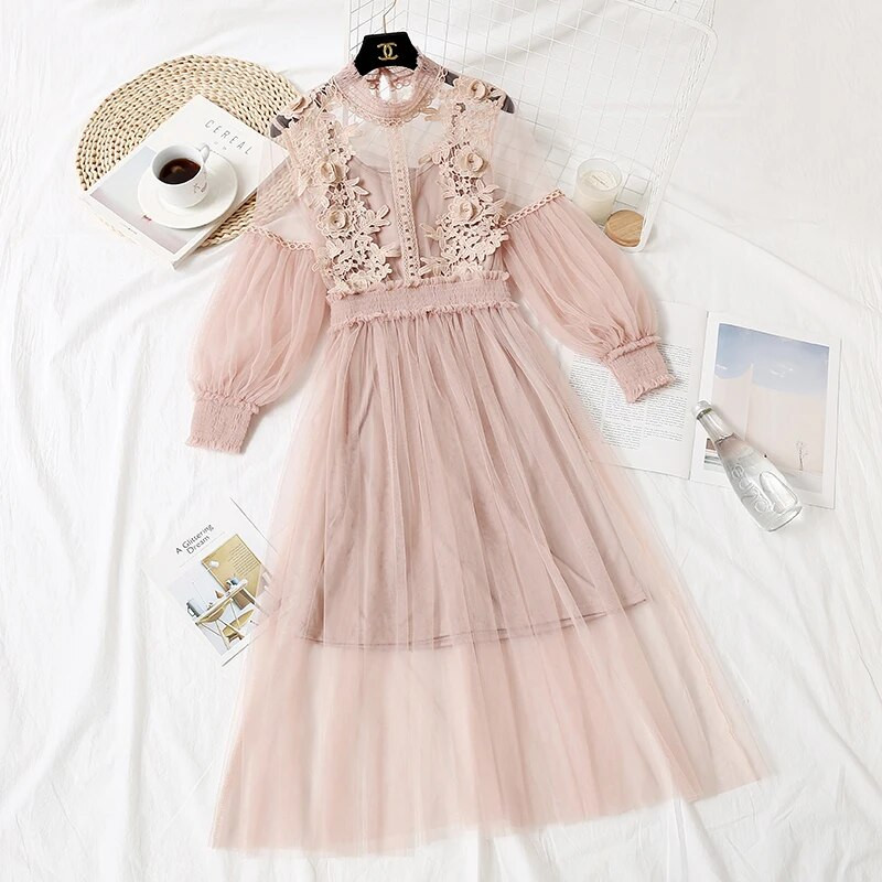 Mežģīņu kleita ar ziediem Sieviešu laternas piedurknēm Voile gara kleita Sieviešu āķa Princeses kleitas 2 gabalu komplekts Jauns halāts Vestidos 12041