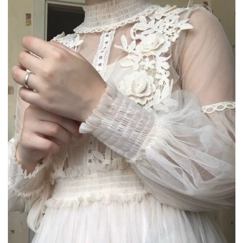 Mežģīņu kleita ar ziediem Sieviešu laternas piedurknēm Voile gara kleita Sieviešu āķa Princeses kleitas 2 gabalu komplekts Jauns halāts Vestidos 12041