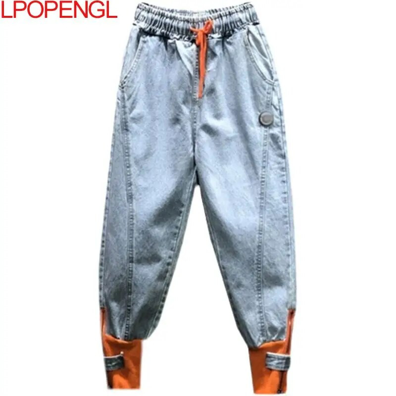 Teksad Naiste mood pingutusnööriga elastsed kõrge vöökohaga lahtised vabaaja püksid 2023. aasta sügis, uued naiste tõmblukuga pahkluu pikkused haaremipüksid