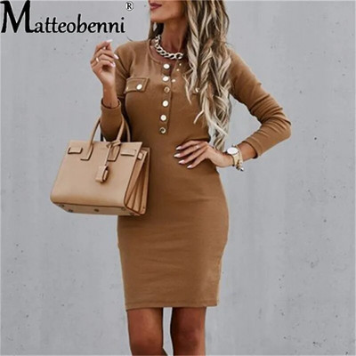 Moteriškos mados apvalaus kaklo sagomis Bodycon mini suknelė rudens žiemai moteriškos vienspalvės ilgomis rankovėmis temperamentingos plonos suknelės su pieštuku