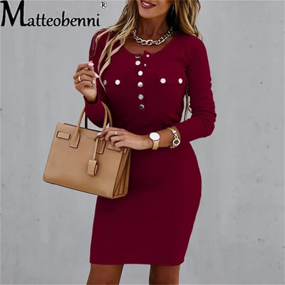 Moteriškos mados apvalaus kaklo sagomis Bodycon mini suknelė rudens žiemai moteriškos vienspalvės ilgomis rankovėmis temperamentingos plonos suknelės su pieštuku