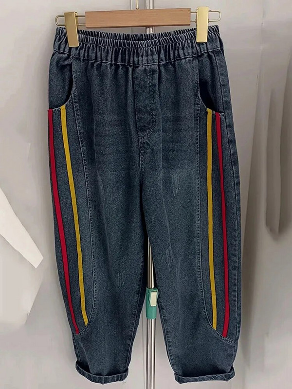 Καλοκαιρινό μήκος μέχρι τον αστράγαλο Harem Jeans Elestic ψηλόμεσο φαρδύ τζιν παντελόνι 80kg Blue Jeansy Vintage Strench Woman Trend Pantalones