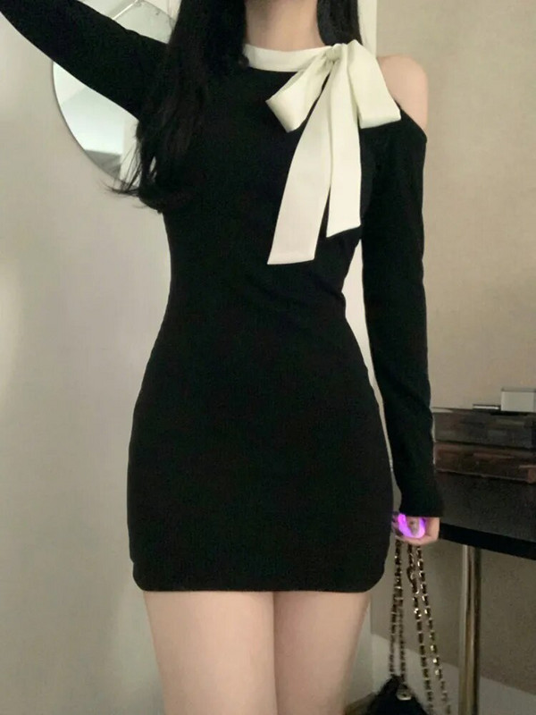 Woherb, lankas, suvarstomas iš kaklo, moteriškas, seksualus, juodas, elegantiškas suknelės ilgomis rankovėmis, korėjietiškos mados, moteriškos „Bodycon Vestidos“